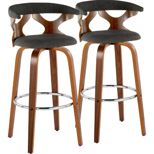 Gardenia 30" Swivel Bar Stool in Walnut Wood & Charcoal Fabric with Chrome Footrest (Set of 2)
